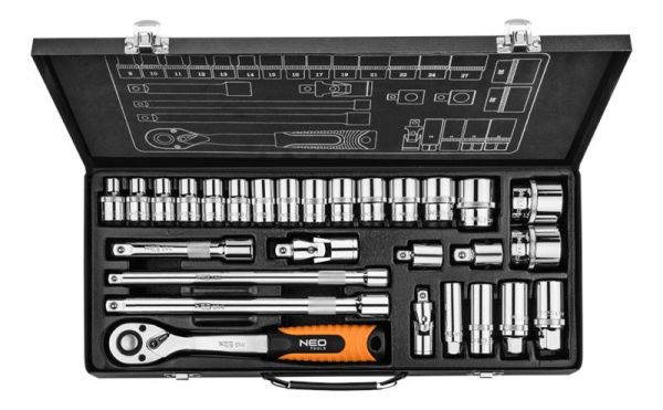 Набір інструментів Neo Tools, набір торцевих головок 1/2", 3/8", 28шт