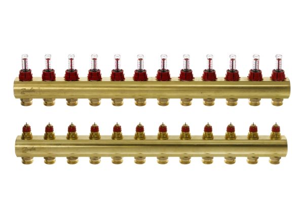 Розподільний колектор Danfoss FHF-F, 12+12 контурів, з ротаметрами, латунь