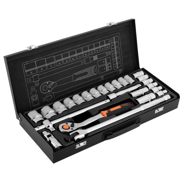 Набір інструментів Neo Tools, набір торцевих головок, 1/2", CrV, металевий кейс, 25шт