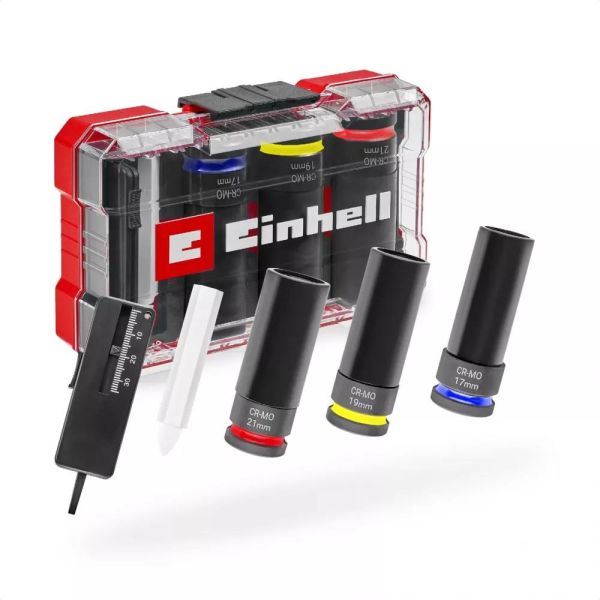 Набір ударних торцевих головок Einhell 80мм 1/2" крейда, вимірювач протектора кейс 3шт
