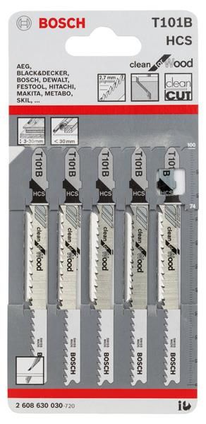 Полотно пиляльне для електролобзика Bosch Professional по дереву T101B, HCS лобзикова, 5шт