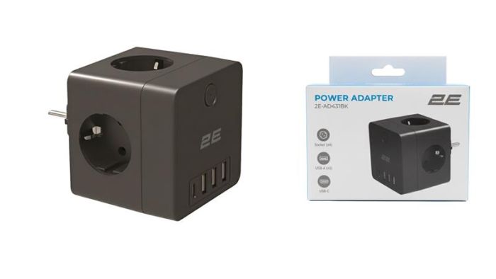 Адаптер мережевий 2E 3xТипF, 16A, 2xUSB-A, 1x USB-C фільтр, чорний