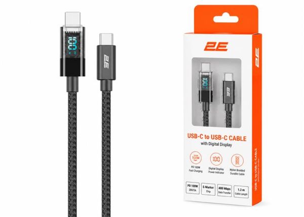 Кабель 2E USB-C > USB-C заряджання/синхронізації 100Вт PD, 1м, Digital Display, чорний