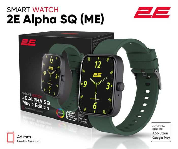 Смарт-годинник 2E Alpha SQ Music Edition 46мм, 1.78", 368x448, AMOLED, BT 5.2, Чорно-зелений