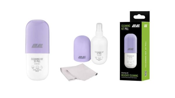 Очисний набір 2E PILL для оргтехніки (рідина 140мл + серветка 20см), біло-бузковий