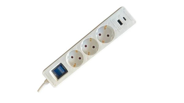 Подовжувач мережевий 2E 3м, 3xТипF, 16A, 1xUSB-A,1xUSB-C, фільтр, білий
