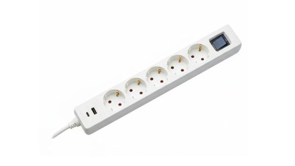 Подовжувач мережевий 2E 3м, 5xТипF, 16A, 1xUSB-A,1xUSB-C, фільтр, білий