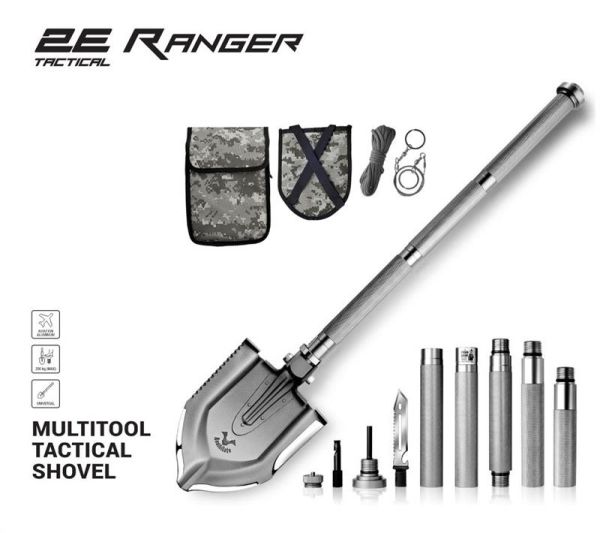 Лопата-мультитул тактична 2E Ranger Steel Gray розбірна, 22в1, з чохлом у комплекті, 103 см макс., 1.6 кг