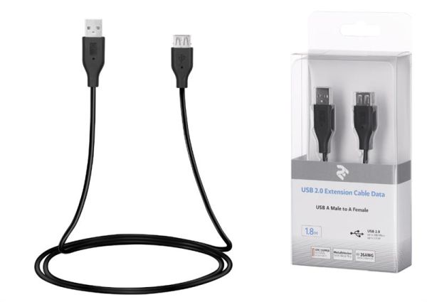Кабель 2E USB-A > USB-AF заряджання/синхронізації 1.8м, чорний