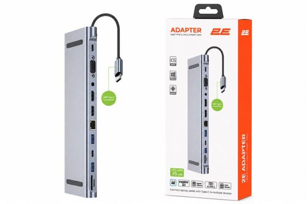 Хаб 2E USB-С > USB-A 2.0/2xUSB-A 3.0/2xUSB-C PD/2xHDMI/VGA/jack3.5/microSD/SD/Ethernet, 0.15м, сірий