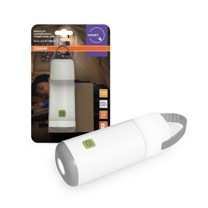 Світильник з акумулятором OSRAM NIGHTLUX LANTERN POWERBANK 0.5 Вт 3000/4000K 25Лм 1000мА•год ліхтарик зарядка USB-A > microUSB білий