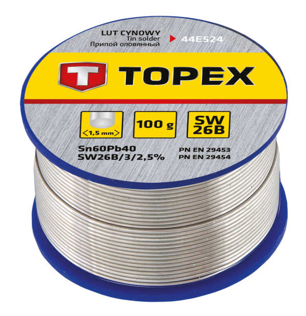 Припій олов'яний TOPEX Sn60Pb40 флюс SW26B дріт 1.5мм 100гр
