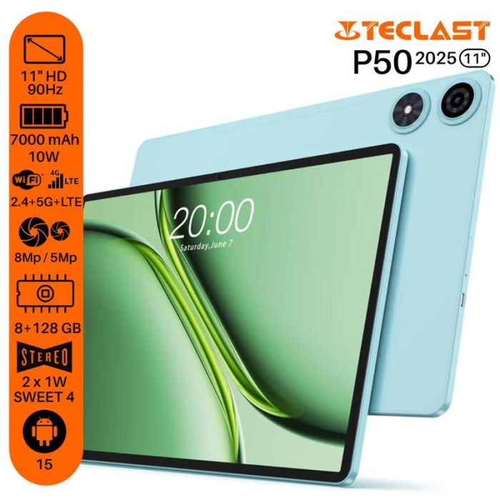 Планшет Teclast P50 (2025) 11" 8ГБ, 128ГБ, LTE, 7000мА•год, Android, блакитний