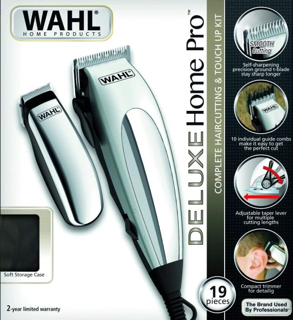 Машинка для стрижки WAHL HomePro Deluxe Combo, від мережі, вібраційний мотор, насадок-12, міні-тример у компл., сріблястий