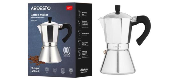 Гейзерна кавоварка ARDESTO Gemini Piemonte, 0.45л, 9 чашок, алюміній