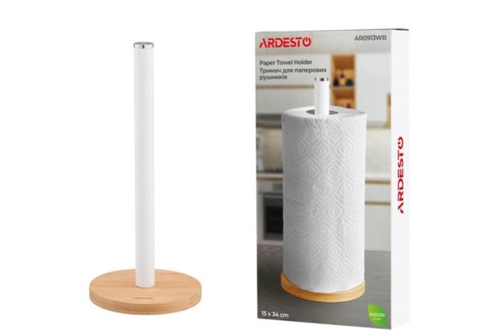 Тримач для паперових рушників ARDESTO Midori 15х34см, метал, бамбук, білий