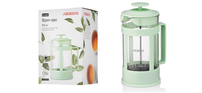 Френч-прес ARDESTO Fresh, 800мл, боросилікатне скло, пластик, прозорий, зелений світлий