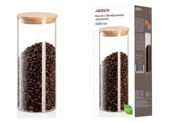 Банка для зберігання ARDESTO Midori, 1000мл, скло, бамбук, кругла, прозорий