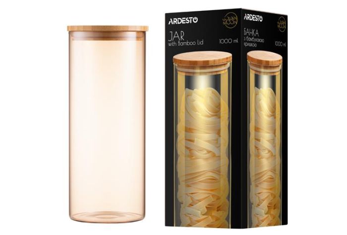 Банка для зберігання ARDESTO Golden Moon, 1000мл, скло, бамбук, кругла, золотистий