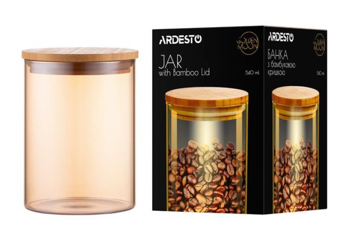 Банка для зберігання ARDESTO Golden Moon, 540мл, скло, бамбук, кругла, золотистий