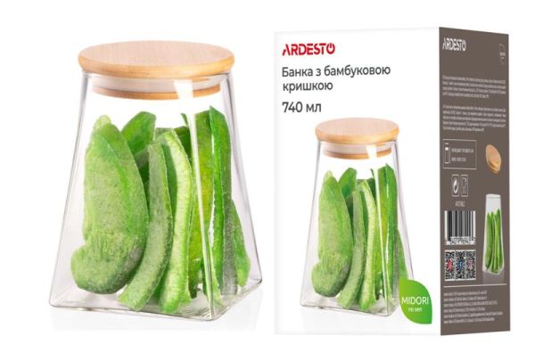 Банка для зберігання ARDESTO Midori, 740мл, скло, бамбук, конусна, прозорий