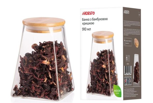 Банка для зберігання ARDESTO Midori, 910мл, скло, бамбук, конусна, прозорий
