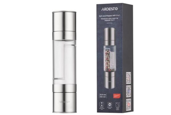 Млинок для солі та перцю 2 в 1 ARDESTO Gemini, 140мл, акрил, нержавіюча сталь, прозорий