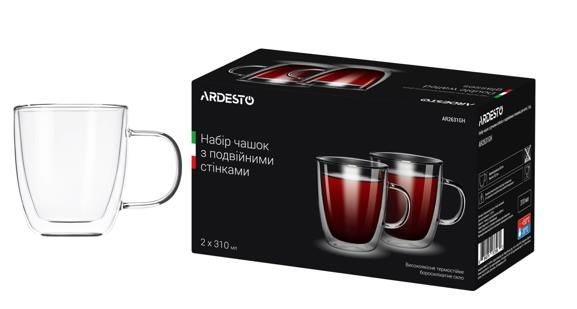 Набір чашок з ручками з подвійними стінками ARDESTO, 310мл, 10.2см, 2шт, боросилікатне скло, прозорий