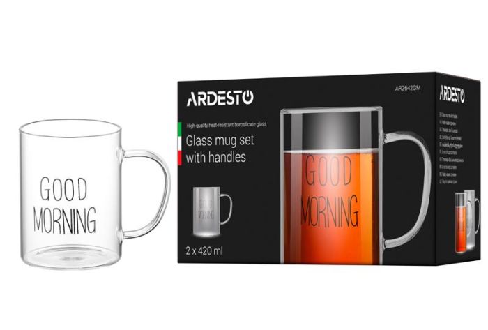 Набір чашок з ручками ARDESTO Good Morning , 420мл, 2шт, боросилікатне скло, прозорий
