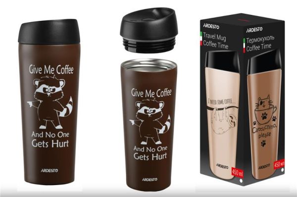 Термочашка ARDESTO Coffee time Raccoon, 450мл, нержавіюча сталь, коричневий