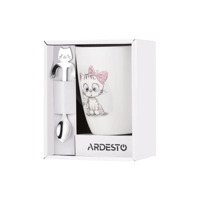 Чашка з ложкою ARDESTO Cute, 320мл, порцеляна, нержавіюча сталь, білий