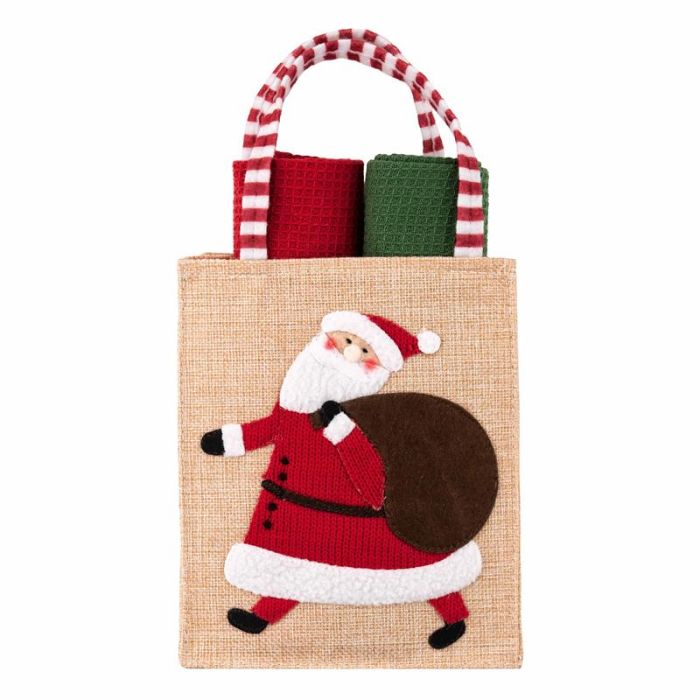Подарунковий набір рушничків в мішечку ARDESTO Christmas Santa 38х63см, 2шт, 100% бавовна, червоний, зелений