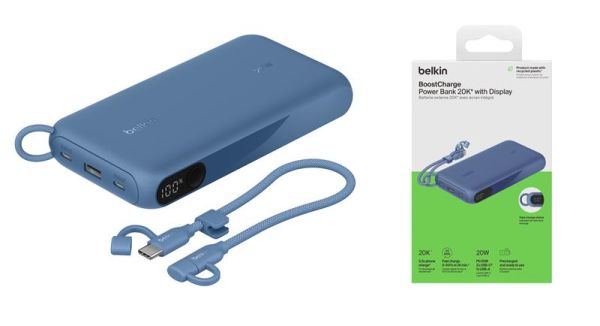 Акумулятор портативний літій-іонний Power Bank Belkin 20000мА·год, 20Вт, з дисплеєм, синій