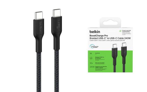 Кабель Belkin USB-C > USB-C заряджання/синхронізації 240Вт PD, 1м, плетений, чорний
