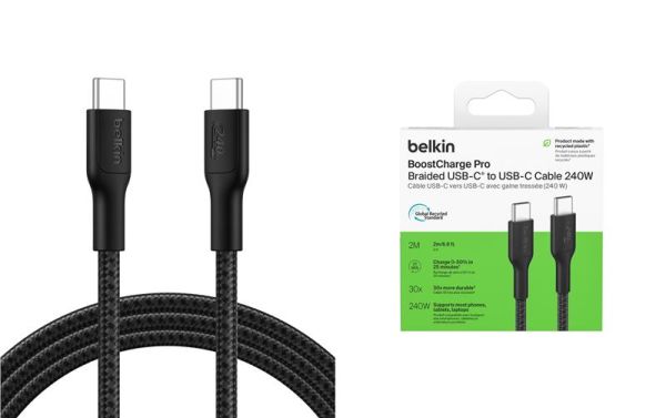 Кабель Belkin USB-C > USB-C заряджання/синхронізації 240Вт PD, 2м, плетений, чорний