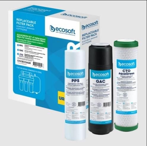 Комплект картриджів Ecosoft 1-2-3 для осмосу з функією економії води (поліпропілен+GAC+AquaGreen)