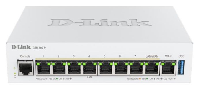 Мультисервiсний Маршрутизатор D-Link DBR-600-P, 7x2.5GE LAN PoE, 1x2.5GE LAN/WAN PoE, 1x2.5GE WAN, 1xUSB 3.0, 120Вт