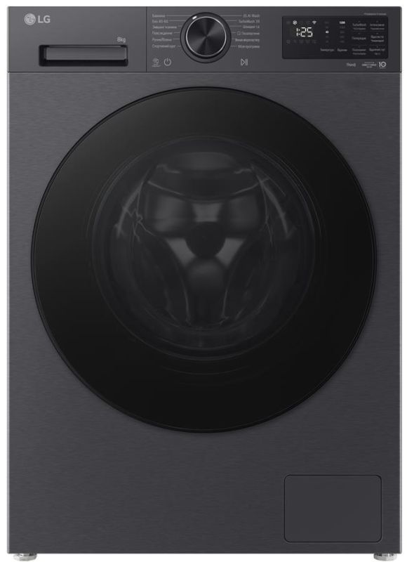 Стиральная машина LG фронтальная, 8кг, 1200, A, 48см, дисплей, пар, инвертор, чорний матовий
