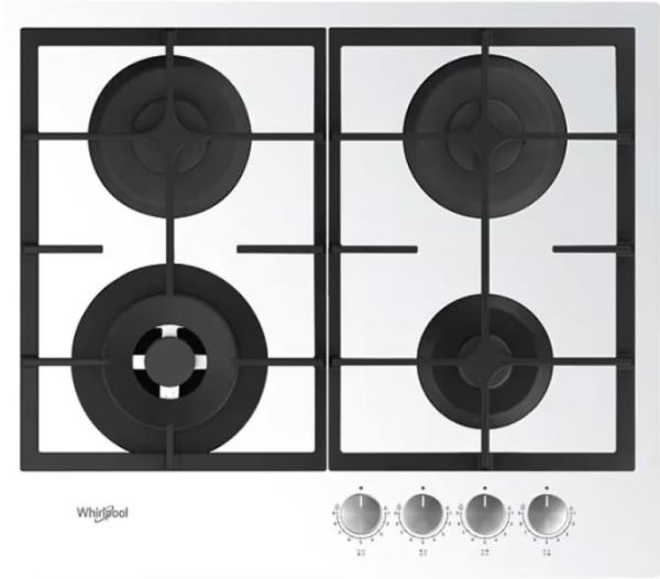 Варильна поверхня Whirlpool газова на склі, 60см, чавун, конфорка з подвійним рядом полум'я, білий
