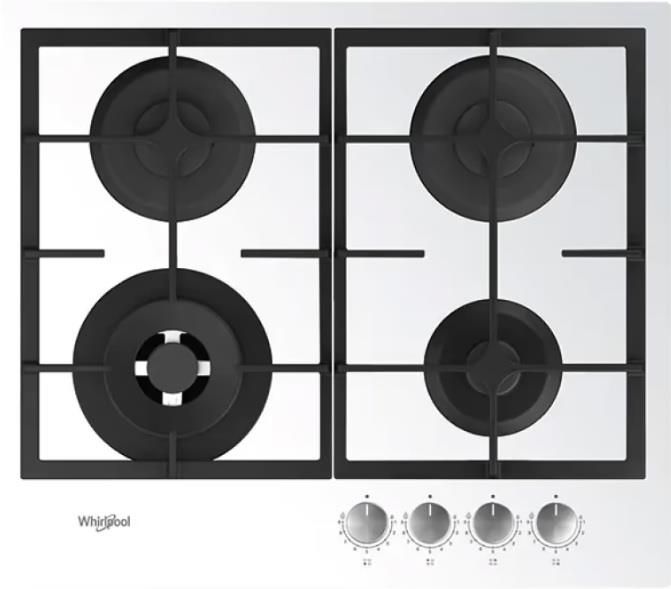 Варильна поверхня Whirlpool газова на склі, 60см, чавун, конфорка з подвійним рядом полум'я, білий