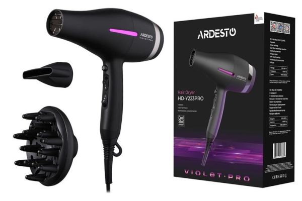 Фен ARDESTO Violet PRO HD-Y223PRO, 1850-2200Вт, 2 швидкості , 3 темп.режими, дифузор, чорний