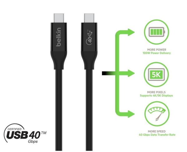 Кабель Belkin USB-C > USB-C заряджання/синхронізації 100Вт PD, USB4, 40Гбс, 0.8м, чорний