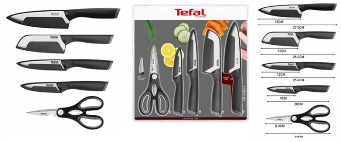 Набір ножів Tefal Comfort, 5предметів, нержавіюча сталь, пластик, чорний