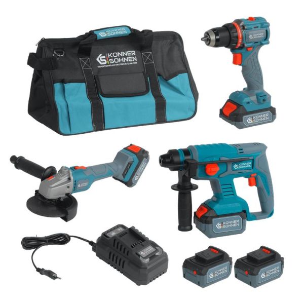 Набір із трьох акумуляторних інструментів Konner&Sohnen KS RHAGD 20V SET 3 20В дриль, шліфмашина кутова, перфоратор, швидкий ЗП 4.5А акб 2х4А·год сумка 7.5к