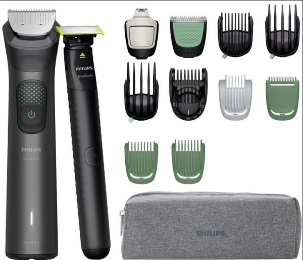 Тример Philips Series 9000, для обличчя, голови, тіла, акум., насадок-15, OneBlade в компл., сталь, сірий