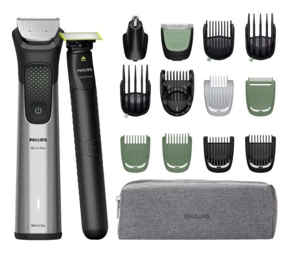Тример Philips Series 9000, для обличчя, голови, тіла, акум., насадок-17, OneBlade в компл., сталь, сірий