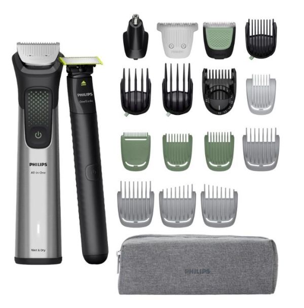 Тример Philips Series 9000, для бороди, голови та тіла, насадок-15, OneBlade в компл., сталь, сірий