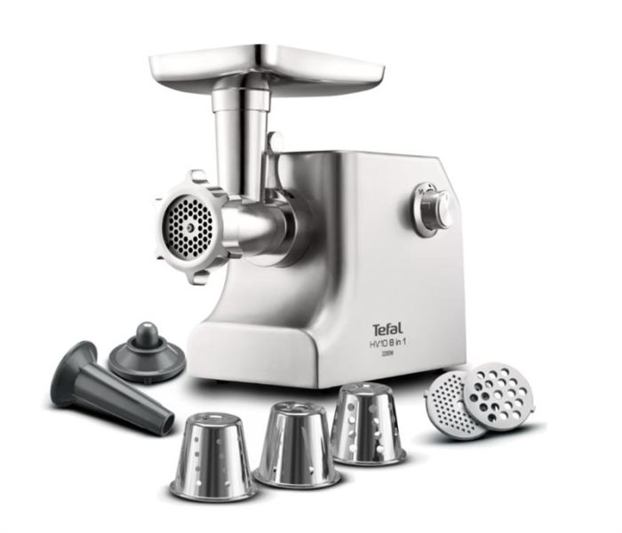 М'ясорубка Tefal HV10 8in1, 2200Вт, 5.5кг/хв, 3 решітки, насадка для ковбас, кеббе, 3 терки, метал