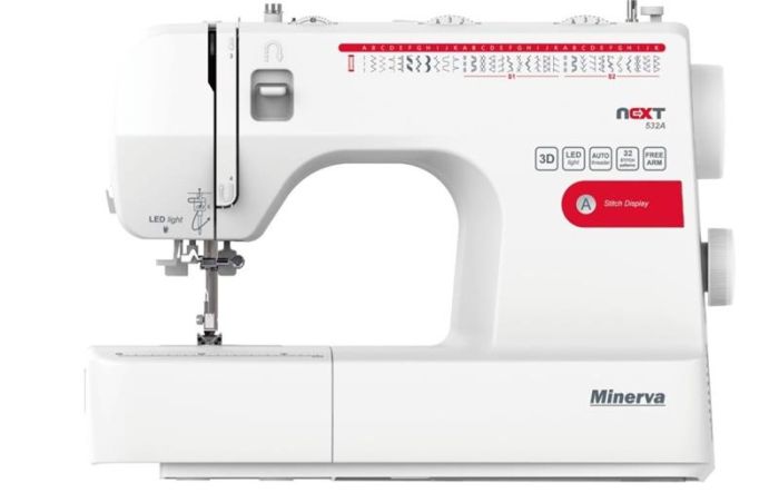 Швейна машинка MINERVA NEXT 532A, електромех., 85 Вт,  32 швейних операцій, петля автомат, 85Вт, білий+червоний