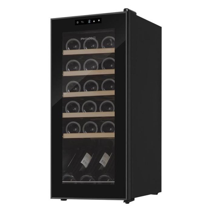 Холодильник Philco для вина,  77x34.5x45, холод.відд.-50л, зон - 1, бут-18, диспл, підсвітка, дерев'яні полиці, чорний